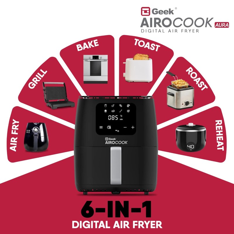 Geek Airocook Aura 5 Litre Digital Air fryer With 8 Preset Menu - Air Fry, Grill, Toast, Roast & Bake | Oil Free Cooking | Recipe book, 1500W, Black Geek Airocook Aura 5 Litre Digital Air fryer With 8 Preset Menu - Air Fry, Grill, Toast, Roast & Bake | Oil Free Cooking | Recipe book, 1500W, Black