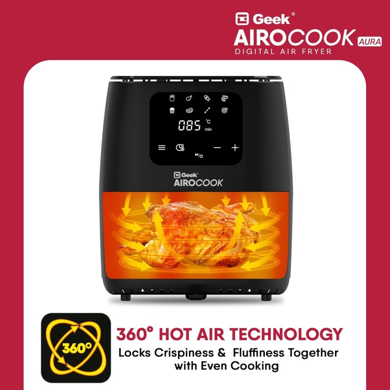 Geek Airocook Aura 5 Litre Digital Air fryer With 8 Preset Menu - Air Fry, Grill, Toast, Roast & Bake | Oil Free Cooking | Recipe book, 1500W, Black Geek Airocook Aura 5 Litre Digital Air fryer With 8 Preset Menu - Air Fry, Grill, Toast, Roast & Bake | Oil Free Cooking | Recipe book, 1500W, Black