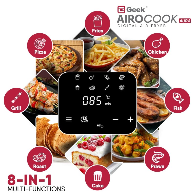 Geek Airocook Aura 5 Litre Digital Air fryer With 8 Preset Menu - Air Fry, Grill, Toast, Roast & Bake | Oil Free Cooking | Recipe book, 1500W, Black Geek Airocook Aura 5 Litre Digital Air fryer With 8 Preset Menu - Air Fry, Grill, Toast, Roast & Bake | Oil Free Cooking | Recipe book, 1500W, Black