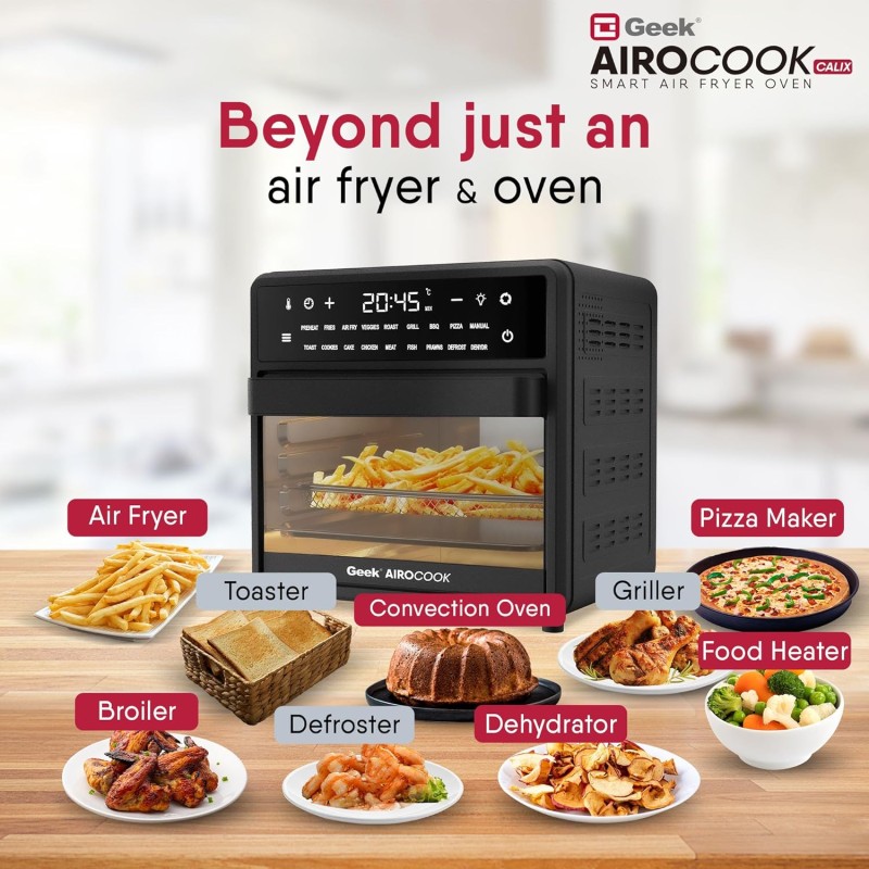 Geek AiroCook Calix 15 Litre Electric Air Fryer Oven, 18 Digital Preset Menus with Rotisserie, Airfry, Bake, Grill, Toast, Dehydrate, Defrost & Keep Warm Function with 8 Accessories (1200 Watts) Black Geek AiroCook Calix 15 Litre Electric Air Fryer Oven, 18 Digital Preset Menus with Rotisserie, Airfry, Bake, Grill, Toast, Dehydrate, Defrost & Keep Warm Function with 8 Accessories (1200 Watts) Black