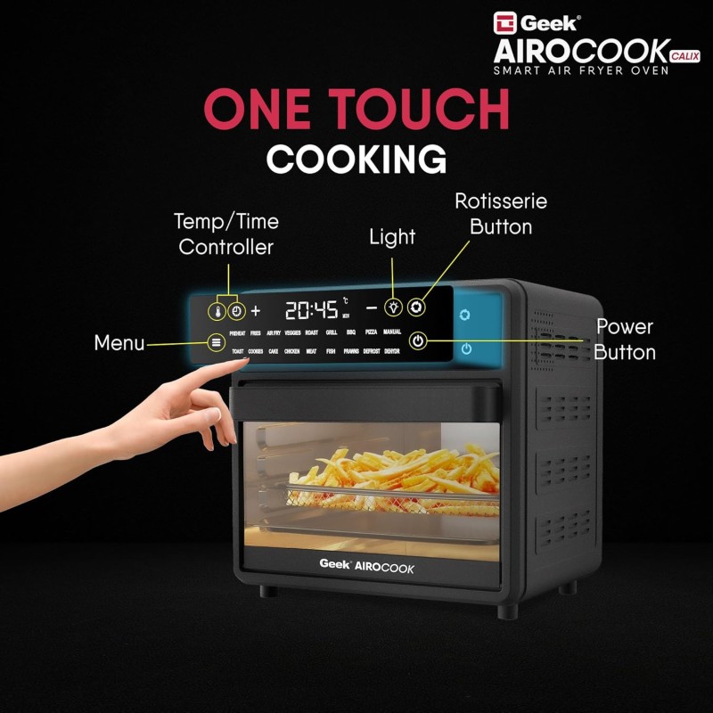 Geek AiroCook Calix 15 Litre Electric Air Fryer Oven, 18 Digital Preset Menus with Rotisserie, Airfry, Bake, Grill, Toast, Dehydrate, Defrost & Keep Warm Function with 8 Accessories (1200 Watts) Black Geek AiroCook Calix 15 Litre Electric Air Fryer Oven, 18 Digital Preset Menus with Rotisserie, Airfry, Bake, Grill, Toast, Dehydrate, Defrost & Keep Warm Function with 8 Accessories (1200 Watts) Black