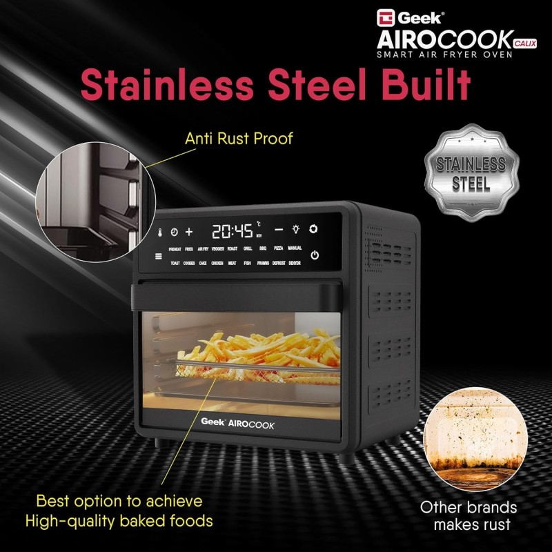 Geek AiroCook Calix 15 Litre Electric Air Fryer Oven, 18 Digital Preset Menus with Rotisserie, Airfry, Bake, Grill, Toast, Dehydrate, Defrost & Keep Warm Function with 8 Accessories (1200 Watts) Black Geek AiroCook Calix 15 Litre Electric Air Fryer Oven, 18 Digital Preset Menus with Rotisserie, Airfry, Bake, Grill, Toast, Dehydrate, Defrost & Keep Warm Function with 8 Accessories (1200 Watts) Black