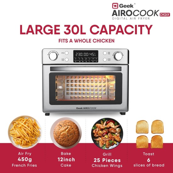 Geek Airocook Digix 30L Electric Air Fryer Oven|Digital Display|12 Preset Menu-Toast,Bake,Grill,Air Fry,Rotisserie,Dehydration&Reheat|7 Accessories(Stainless Steel,Silver,1700W)30 Liter