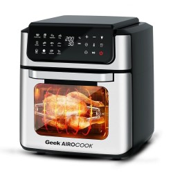 Geek AiroCook Helix 12 Litres Air fryer, 12 Preset Menus, 8-in-1 Digital Touch Oven with Airfry, Bake, Rotisserie, Grill, Toast, Broil, Dehydrate & Keep warm, Recipe Book|8 Accessories(1700W)Grey