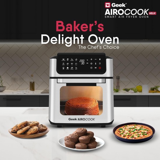 Geek AiroCook Helix 12 Litres Air fryer, 12 Preset Menus, 8-in-1 Digital Touch Oven with Airfry, Bake, Rotisserie, Grill, Toast, Broil, Dehydrate & Keep warm, Recipe Book|8 Accessories(1700W)Grey