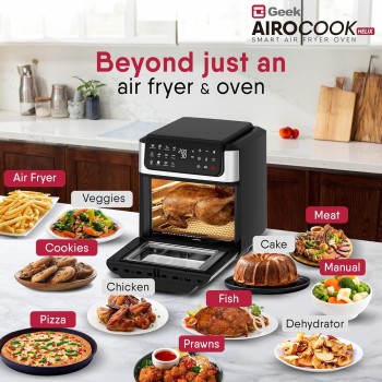 Geek AiroCook Helix 12 Litres Air fryer, 12 Preset Menus, 8-in-1 Digital Touch Oven with Airfry, Bake, Rotisserie, Grill, Toast, Broil, Dehydrate & Keep warm, Recipe Book|8 Accessories(1700W)Grey Geek AiroCook Helix 12 Litres Air fryer, 12 Preset Menus, 8-in-1 Digital Touch Oven with Airfry, Bake, Rotisserie, Grill, Toast, Broil, Dehydrate & Keep warm, Recipe Book|8 Accessories(1700W)Grey