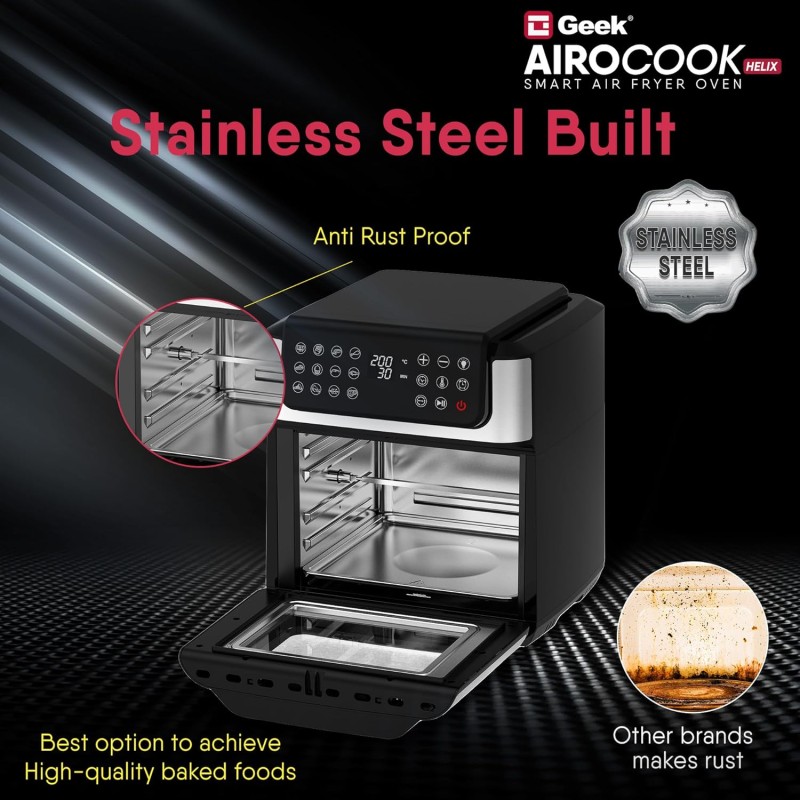 Geek AiroCook Helix 12 Litres Air fryer, 12 Preset Menus, 8-in-1 Digital Touch Oven with Airfry, Bake, Rotisserie, Grill, Toast, Broil, Dehydrate & Keep warm, Recipe Book|8 Accessories(1700W)Grey Geek AiroCook Helix 12 Litres Air fryer, 12 Preset Menus, 8-in-1 Digital Touch Oven with Airfry, Bake, Rotisserie, Grill, Toast, Broil, Dehydrate & Keep warm, Recipe Book|8 Accessories(1700W)Grey