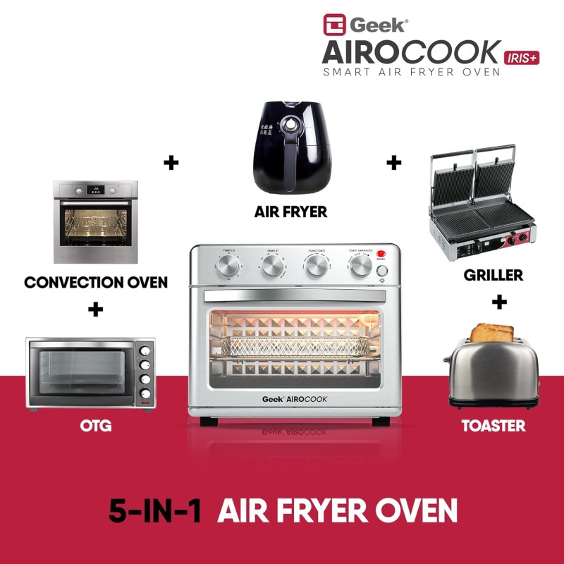 Geek AiroCook Iris Plus 25 Litre Electric Air Fryer Oven | 8 Preset Functions - Toast, Bake, Grill, Air Fry, Rotisserie & Warming | Recipe Book with 7 Accessories (1600 Watts) Geek AiroCook Iris Plus 25 Litre Electric Air Fryer Oven | 8 Preset Functions - Toast, Bake, Grill, Air Fry, Rotisserie & Warming | Recipe Book with 7 Accessories (1600 Watts)