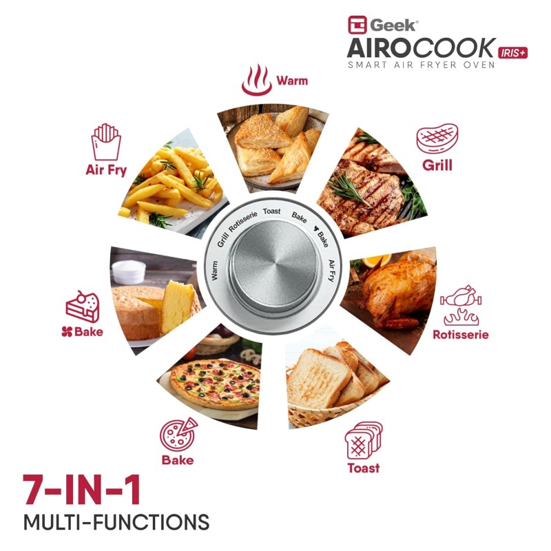 Geek AiroCook Iris Plus 25 Litre Electric Air Fryer Oven | 8 Preset Functions - Toast, Bake, Grill, Air Fry, Rotisserie & Warming | Recipe Book with 7 Accessories (1600 Watts) Geek AiroCook Iris Plus 25 Litre Electric Air Fryer Oven | 8 Preset Functions - Toast, Bake, Grill, Air Fry, Rotisserie & Warming | Recipe Book with 7 Accessories (1600 Watts)