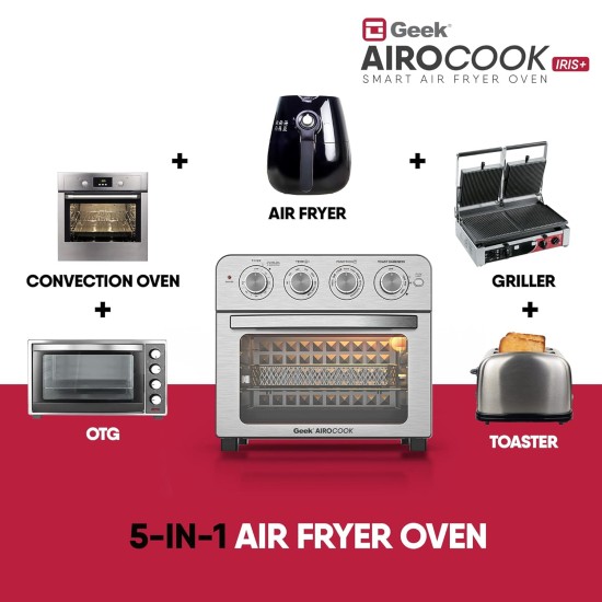 Geek AiroCook Iris Plus 23 Litre Electric Air Fryer Oven | 8 Preset Functions - Toast, Bake, Grill, Air Fry, Rotisserie & Warming | Recipe Book with 7 Accessories (1700W)