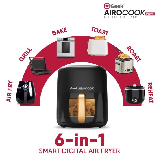 Geek Airocook Spectra 5.5L Digital Air Fryer with Visible Window, Soft Touch Panel, 4-In-1 Appliance With 8-Preset Menus for Air fry, Baking, Roast, Grill, Toast and Reheat, 1500 watts, Black