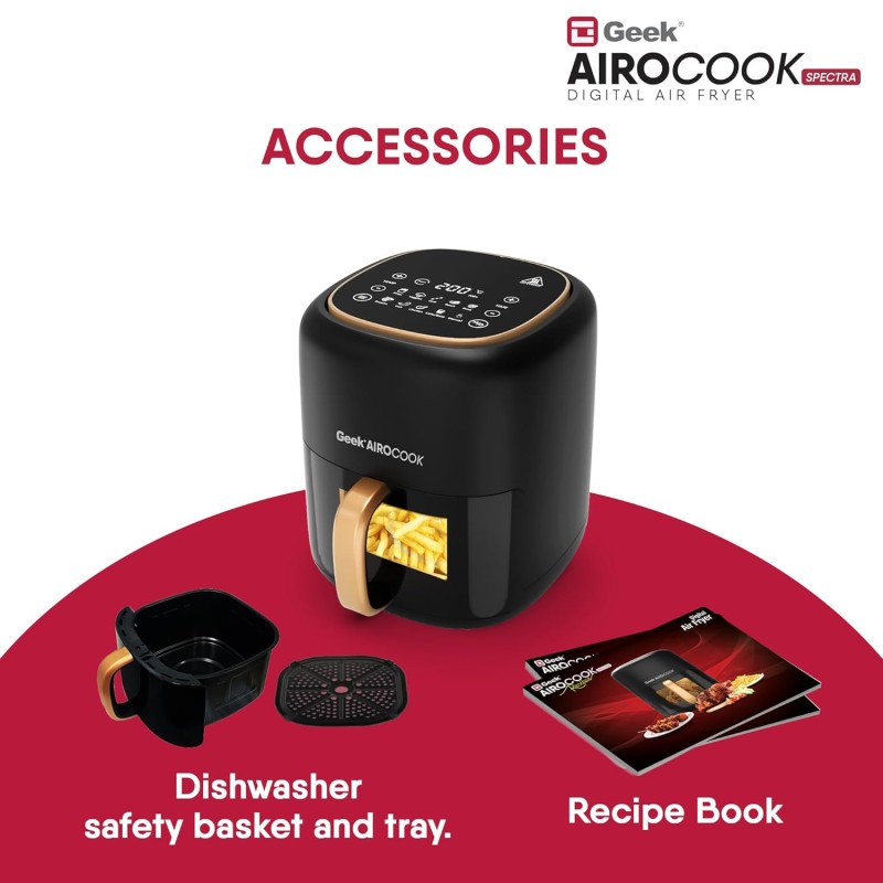 Geek Airocook Spectra 5.5L Digital Air Fryer with Visible Window, Soft Touch Panel, 4-In-1 Appliance With 8-Preset Menus for Air fry, Baking, Roast, Grill, Toast and Reheat, 1500 watts, Black Geek Airocook Spectra 5.5L Digital Air Fryer with Visible Window, Soft Touch Panel, 4-In-1 Appliance With 8-Preset Menus for Air fry, Baking, Roast, Grill, Toast and Reheat, 1500 watts, Black