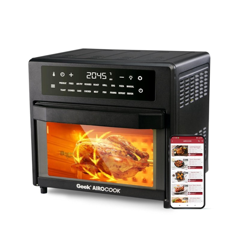 Geek AiroCook Zenix 25 Litre Electric Air Fryer Oven, 18 Digital Preset Menus with Rotisserie, Airfry, Bake, Grill, Toast, Dehydrate, Defrost & Keep Warm Functions with 8 Accessories (1700W), Black Geek AiroCook Zenix 25 Litre Electric Air Fryer Oven, 18 Digital Preset Menus with Rotisserie, Airfry, Bake, Grill, Toast, Dehydrate, Defrost & Keep Warm Functions with 8 Accessories (1700W), Black
