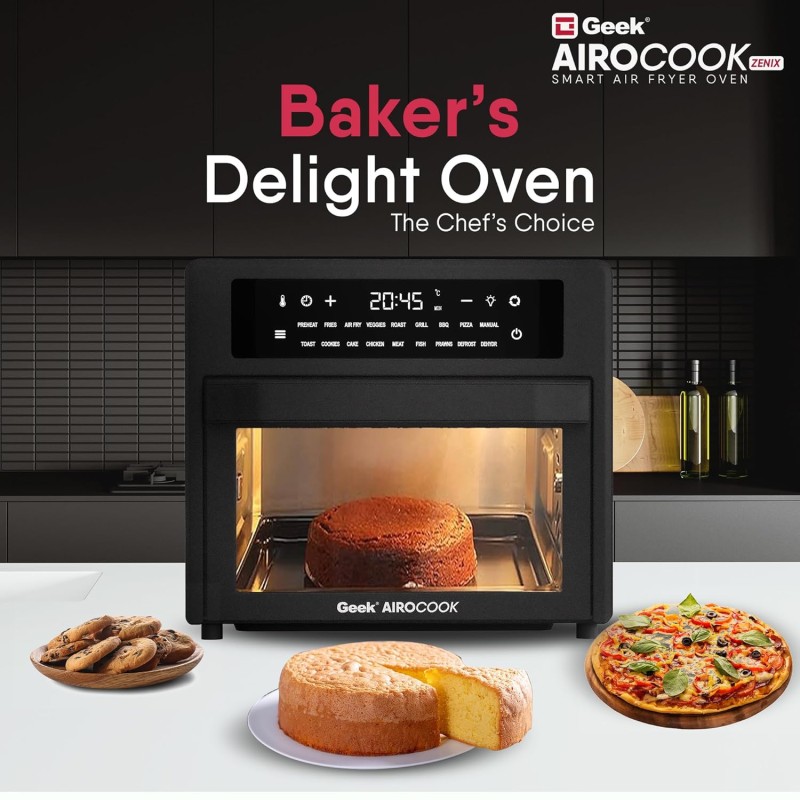 Geek AiroCook Zenix 25 Litre Electric Air Fryer Oven, 18 Digital Preset Menus with Rotisserie, Airfry, Bake, Grill, Toast, Dehydrate, Defrost & Keep Warm Functions with 8 Accessories (1700W), Black Geek AiroCook Zenix 25 Litre Electric Air Fryer Oven, 18 Digital Preset Menus with Rotisserie, Airfry, Bake, Grill, Toast, Dehydrate, Defrost & Keep Warm Functions with 8 Accessories (1700W), Black