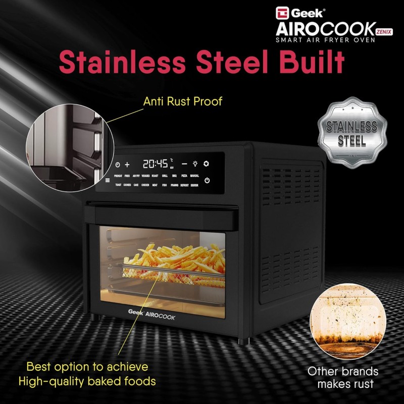 Geek AiroCook Zenix 25 Litre Electric Air Fryer Oven, 18 Digital Preset Menus with Rotisserie, Airfry, Bake, Grill, Toast, Dehydrate, Defrost & Keep Warm Functions with 8 Accessories (1700W), Black Geek AiroCook Zenix 25 Litre Electric Air Fryer Oven, 18 Digital Preset Menus with Rotisserie, Airfry, Bake, Grill, Toast, Dehydrate, Defrost & Keep Warm Functions with 8 Accessories (1700W), Black