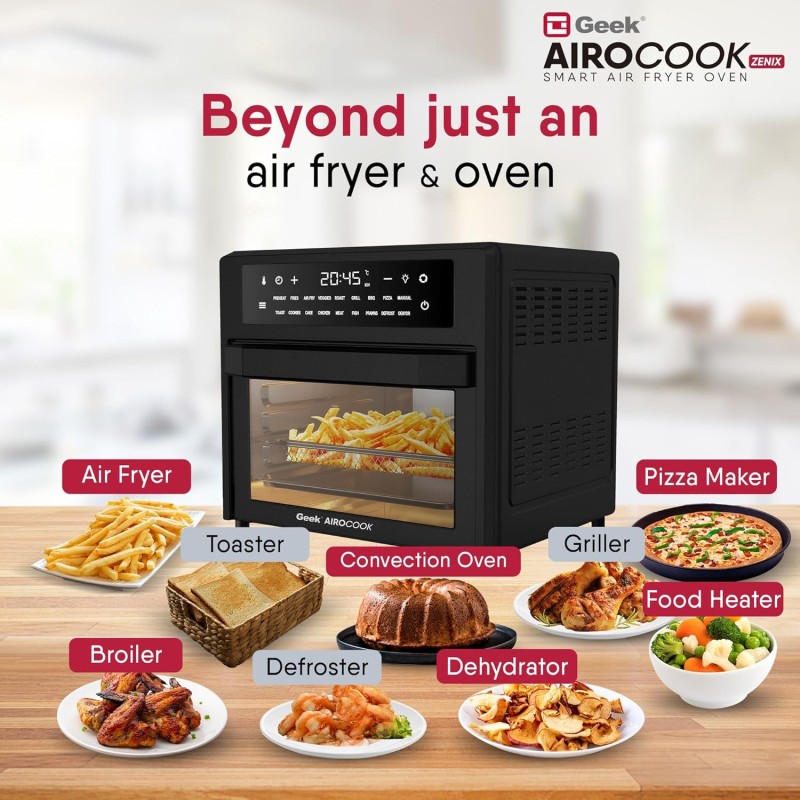Geek AiroCook Zenix 25 Litre Electric Air Fryer Oven, 18 Digital Preset Menus with Rotisserie, Airfry, Bake, Grill, Toast, Dehydrate, Defrost & Keep Warm Functions with 8 Accessories (1700W), Black Geek AiroCook Zenix 25 Litre Electric Air Fryer Oven, 18 Digital Preset Menus with Rotisserie, Airfry, Bake, Grill, Toast, Dehydrate, Defrost & Keep Warm Functions with 8 Accessories (1700W), Black