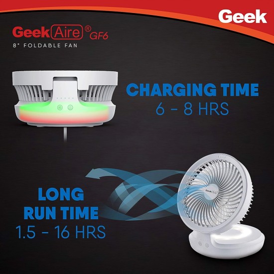 Geek Aire GF6 8 Inch Rechargeable Mini Table Fan with LED Light | Portable, Oscillating & Small Size | Capacitive Touch Control | 4000 mAh Battery | For Travel, Home & Office (White)