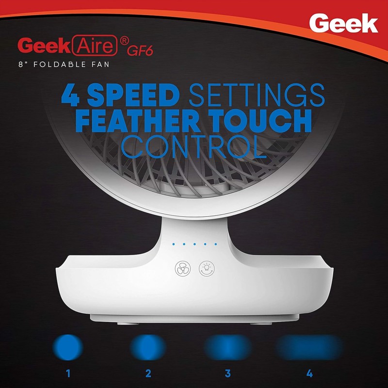 Geek Aire GF6 8 Inch Rechargeable Mini Table Fan with LED Light | Portable, Oscillating & Small Size | Capacitive Touch Control | 4000 mAh Battery | For Travel, Home & Office (White) Geek Aire GF6 8 Inch Rechargeable Mini Table Fan with LED Light | Portable, Oscillating & Small Size | Capacitive Touch Control | 4000 mAh Battery | For Travel, Home & Office (White)