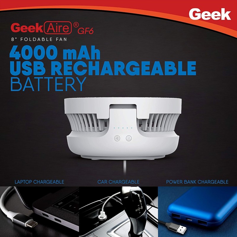 Geek Aire GF6 8 Inch Rechargeable Mini Table Fan with LED Light | Portable, Oscillating & Small Size | Capacitive Touch Control | 4000 mAh Battery | For Travel, Home & Office (White) Geek Aire GF6 8 Inch Rechargeable Mini Table Fan with LED Light | Portable, Oscillating & Small Size | Capacitive Touch Control | 4000 mAh Battery | For Travel, Home & Office (White)