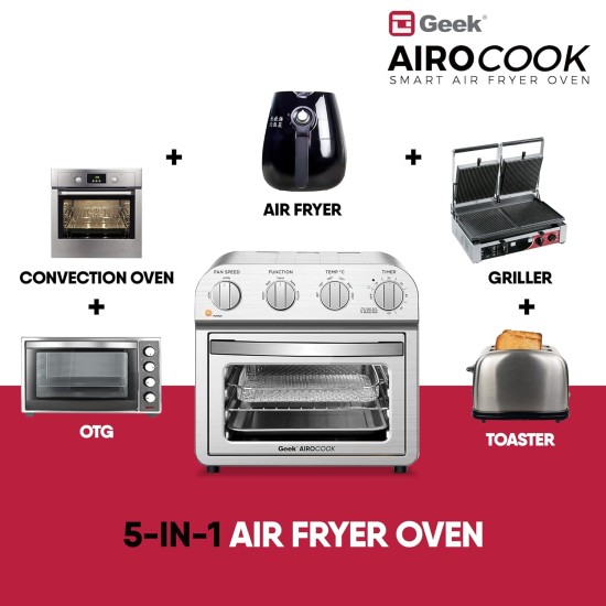 Geek Airocook Acis 14 Litre Electric Air Fryer Oven With 5 Preset Functions - Toasting, Baking, Grilling, Air Fry & Warming, Comes With Free Recipe Book & 5 Accessories (1250 Watts), 14 Liter, Silver