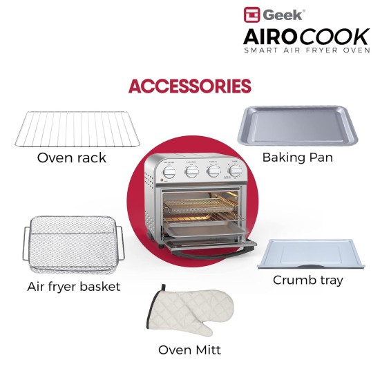 Geek Airocook Acis 14 Litre Electric Air Fryer Oven With 5 Preset Functions - Toasting, Baking, Grilling, Air Fry & Warming, Comes With Free Recipe Book & 5 Accessories (1250 Watts), 14 Liter, Silver