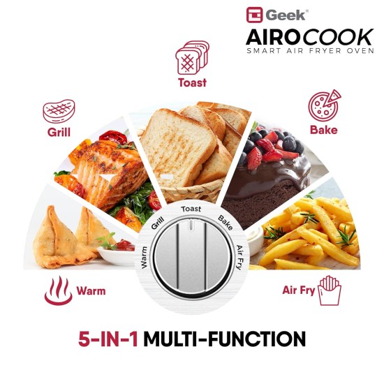 Geek Airocook Acis 14 Litre Electric Air Fryer Oven With 5 Preset Functions - Toasting, Baking, Grilling, Air Fry & Warming, Comes With Free Recipe Book & 5 Accessories (1250 Watts), 14 Liter, Silver