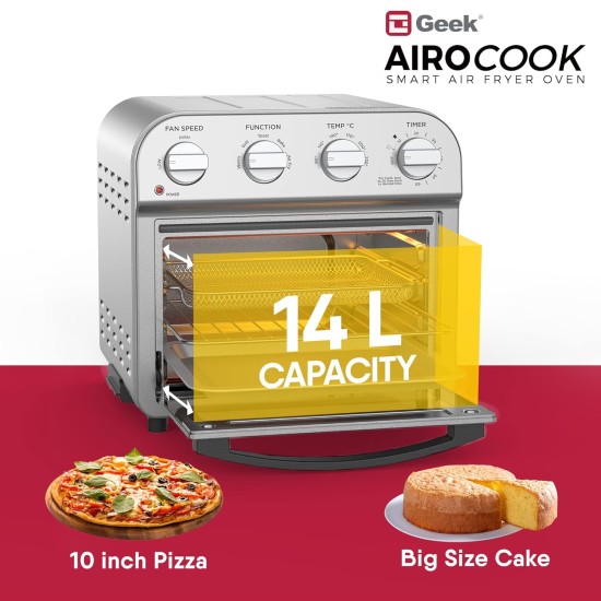 Geek Airocook Acis 14 Litre Electric Air Fryer Oven With 5 Preset Functions - Toasting, Baking, Grilling, Air Fry & Warming, Comes With Free Recipe Book & 5 Accessories (1250 Watts), 14 Liter, Silver