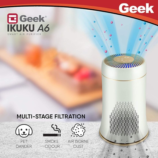 Geek Ikuku A6 Air Purifier For Home & Office | 3- Stage Hepa Dust Filtration | Obliqflow Purification Technology | Portable Air Flow | Digital Led Display With Touch Control (Ikuku A6), White