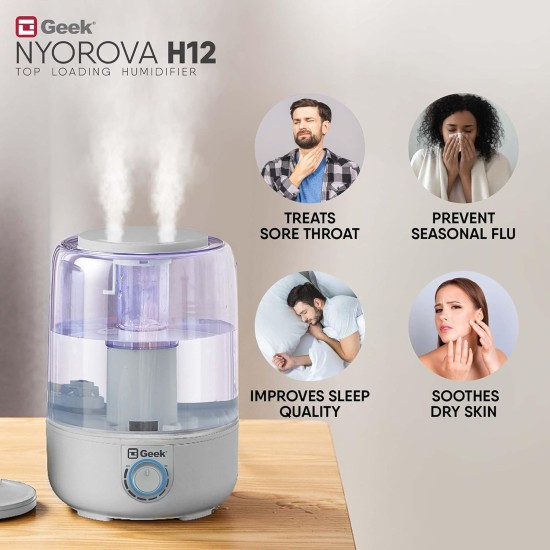 Geek Nyorova H12 | 2-in-1 ultrasonic humidifier with top fill & Aroma diffuser | Easy Knob Control for Speed Settings | Transparent Moisture Control | 3.8L large capacity for Home, bedroom, Living Room & Office