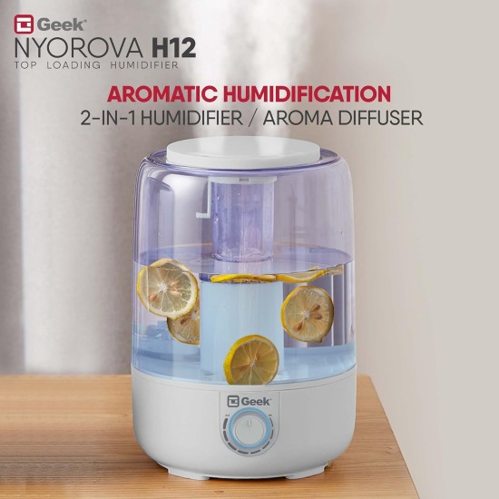 Geek Nyorova H12 | 2-in-1 ultrasonic humidifier with top fill & Aroma diffuser | Easy Knob Control for Speed Settings | Transparent Moisture Control | 3.8L large capacity for Home, bedroom, Living Room & Office