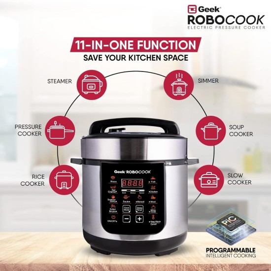 Geek Robocook Zest Electric Cooker, Cooker 3 Litres, Electric Rice Cooker, Electric Non Stick Pressure Cook, Electric Pressure Cooker, Electric Cooking Pot, Slow Cooker (Silver)