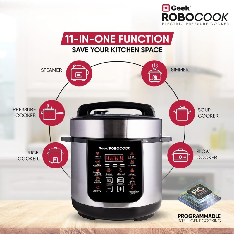 Geek Robocook Zest Electric Cooker, Cooker 3 Litres, Electric Rice Cooker, Electric Non Stick Pressure Cook, Electric Pressure Cooker, Electric Cooking Pot, Slow Cooker (Silver) Geek Robocook Zest Electric Cooker, Cooker 3 Litres, Electric Rice Cooker, Electric Non Stick Pressure Cook, Electric Pressure Cooker, Electric Cooking Pot, Slow Cooker (Silver)