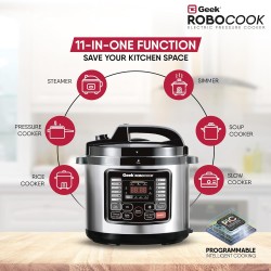 Geek Robocook Nuvo 11-in-1 Automatic Electric Pressure Cooker 8 Litre | 2 Year Warranty | 17 India Preset Menu, Instant Electric Cooker Pot, Multipurpose Electric Rice Cooker (Non-Stick, 8L)