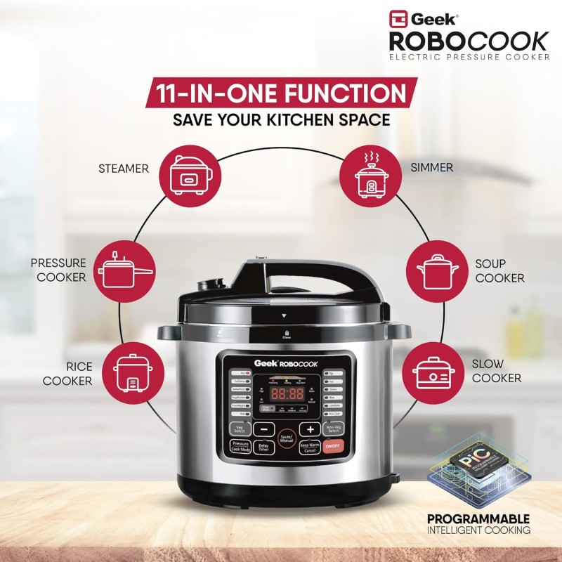 Geek Robocook Nuvo 11-in-1 Automatic Electric Pressure Cooker 8 Litre | 2 Year Warranty | 17 India Preset Menu, Instant Electric Cooker Pot, Multipurpose Electric Rice Cooker (Non-Stick, 8L)