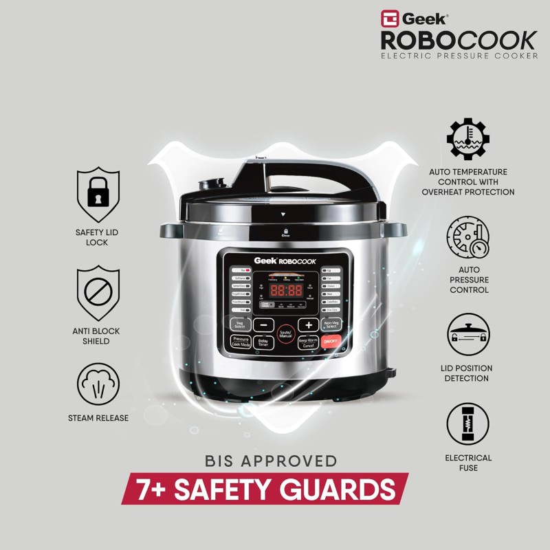 Geek Robocook Nuvo 11-in-1 Automatic Electric Pressure Cooker 8 Litre | 2 Year Warranty | 17 India Preset Menu, Instant Electric Cooker Pot, Multipurpose Electric Rice Cooker (Non-Stick, 8L)
