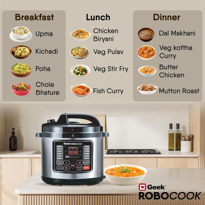 Geek Robocook Nuvo 11-in-1 Automatic Electric Pressure Cooker 8 Litre | 2 Year Warranty | 17 India Preset Menu, Instant Electric Cooker Pot, Multipurpose Electric Rice Cooker (Non-Stick, 8L)
