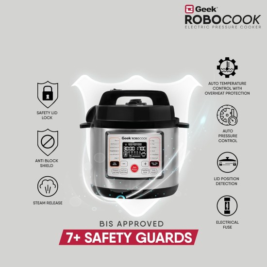 Geek Robocook Hexa 11-in-1 Automatic Electric Pressure Cooker 6 Litre | 2 Year Warranty | 17 India Preset Menu, Instant Electric Cooker Pot, Multipurpose Stainless Steel Electric Rice Cooker (Silver)