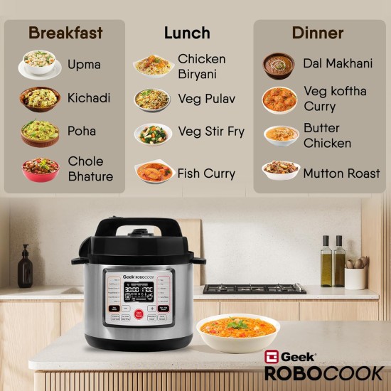 Geek Robocook Hexa 11-in-1 Automatic Electric Pressure Cooker 6 Litre | 2 Year Warranty | 17 India Preset Menu, Instant Electric Cooker Pot, Multipurpose Stainless Steel Electric Rice Cooker (Silver)