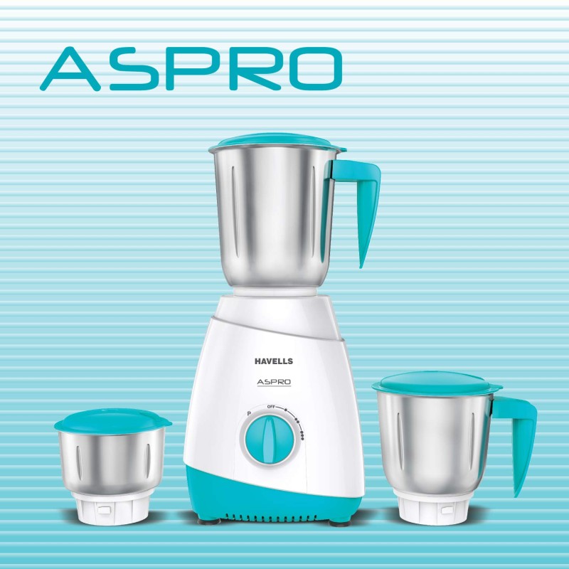Havells Aspro Plus 500W White and Light Blue Mixer Grinder With 3 Jars