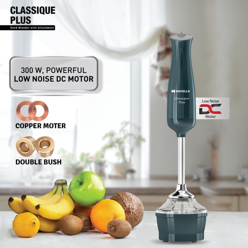 Havells Classique Plus Hand Blender with Attachment 300 watts Motor and 2 Year Warranty, Cyan