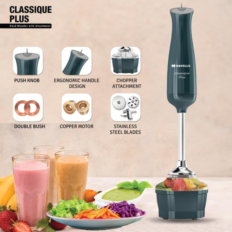 Havells Classique Plus Hand Blender with Attachment 300 watts Motor and 2 Year Warranty, Cyan
