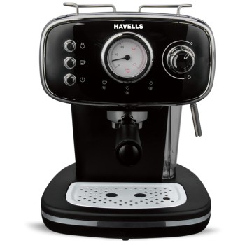 Havells Corretto Coffee Maker, Espresso/Cappuccino Machine with 15bar Pressure Pump | Thermometer Display | Frothing Function | Detachable Drip Trip | Filter Holder | Twin Brewing