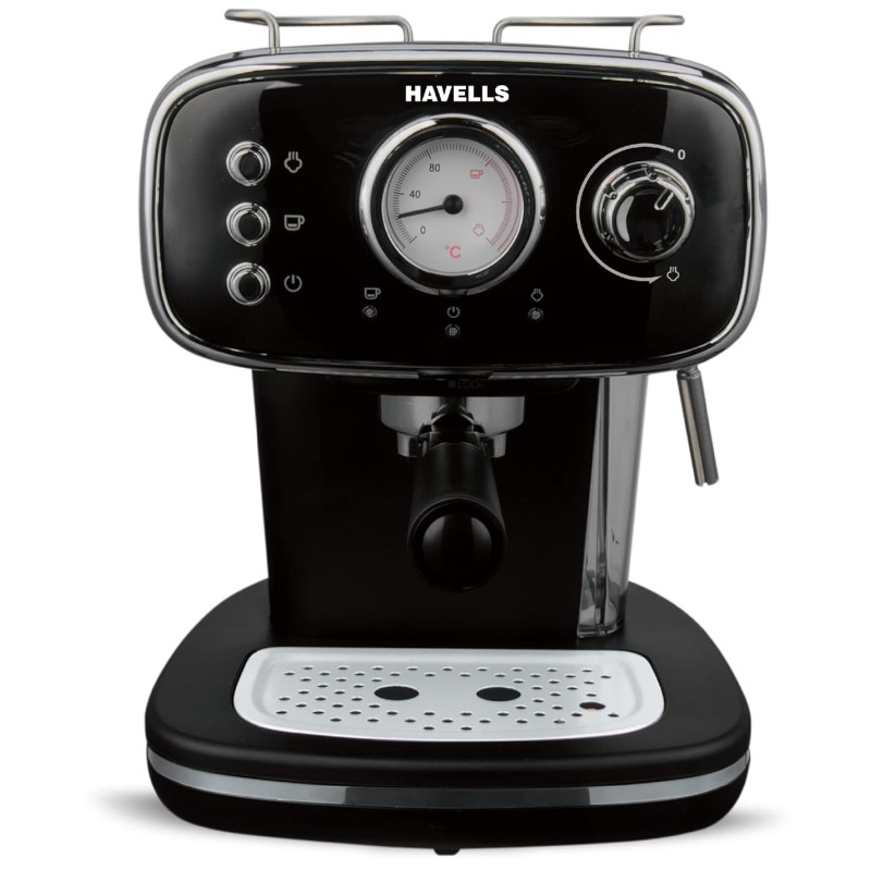 Havells Corretto Coffee Maker, Espresso/Cappuccino Machine with 15bar Pressure Pump | Thermometer Display | Frothing Function | Detachable Drip Trip | Filter Holder | Twin Brewing