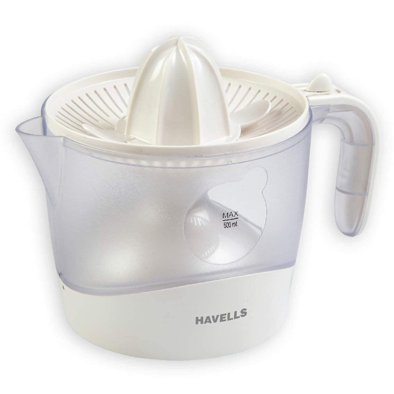 Havells Citrus Press 30 Watt (0.5 L) Juicer With 2 Different Sized Pressing Cones, Transparent Dust Cover Lid, 2 Two Pulp Filters and 2 Year Motor Warranty (White), 30 Watt