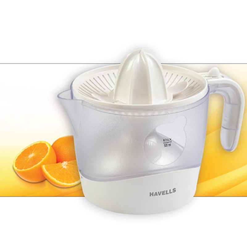 Havells Citrus Press 30 Watt (0.5 L) Juicer With 2 Different Sized Pressing Cones, Transparent Dust Cover Lid, 2 Two Pulp Filters and 2 Year Motor Warranty (White), 30 Watt