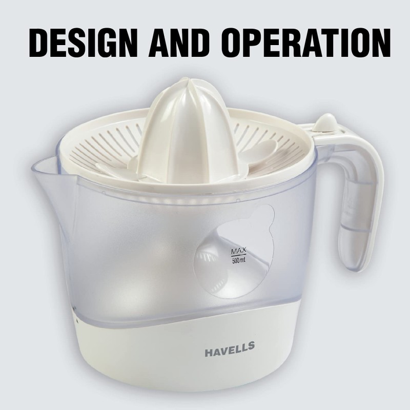 Havells Citrus Press 30 Watt (0.5 L) Juicer With 2 Different Sized Pressing Cones, Transparent Dust Cover Lid, 2 Two Pulp Filters and 2 Year Motor Warranty (White), 30 Watt
