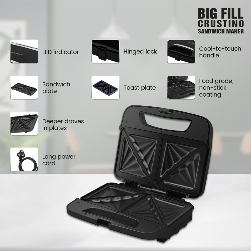 Havells Big Fill Crustino Sandwich Maker 900W with Food Grade Non Stick Coated Sole Plates Heat Resistant Backlite Body and 2 Years Warranty