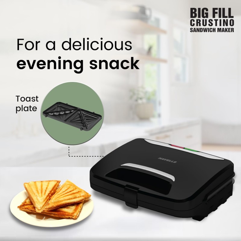 Havells Big Fill Crustino Sandwich Maker 900W with Food Grade Non Stick Coated Sole Plates Heat Resistant Backlite Body and 2 Years Warranty