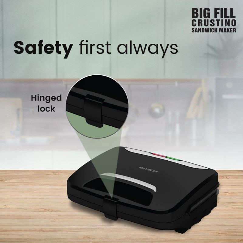 Havells Big Fill Crustino Sandwich Maker 900W with Food Grade Non Stick Coated Sole Plates Heat Resistant Backlite Body and 2 Years Warranty