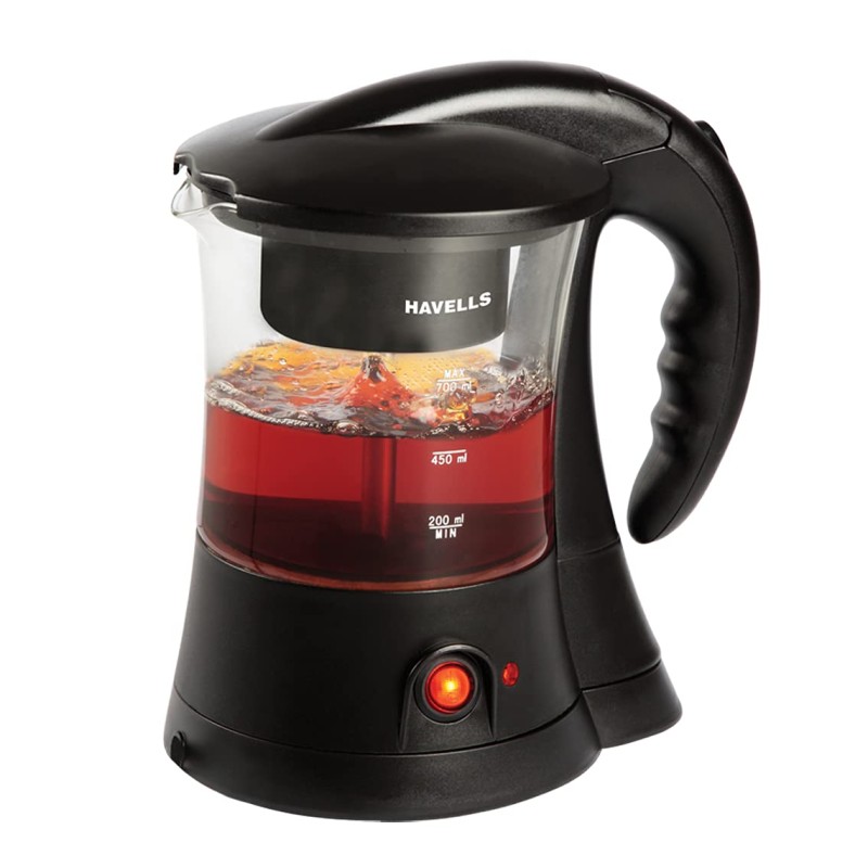 Havells Crystal Tea-Coffee Maker Glass with Filter Basket | Indicator Light | Transparent Glass Carafe 600 W